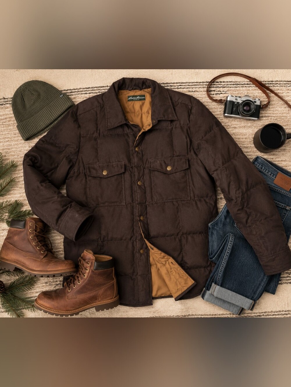Eddie Bauer Men’s Down Puffer Jacket Brown Quilted Button Front Outdoor Coat M